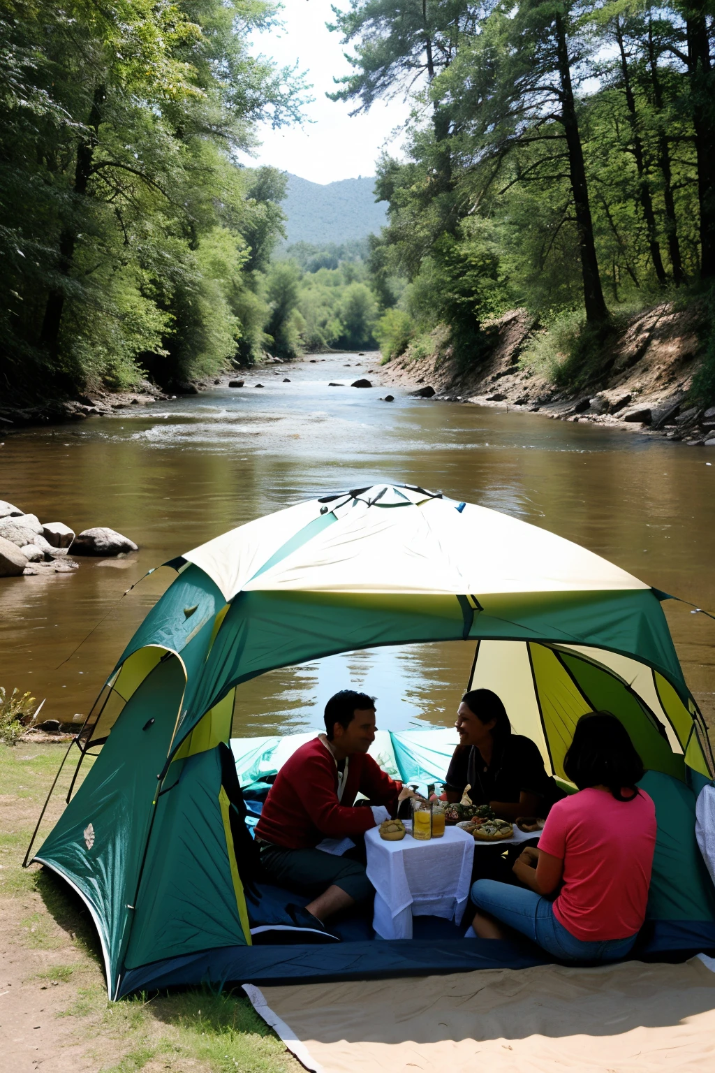 Camping friends in daytime near the river, realistic family