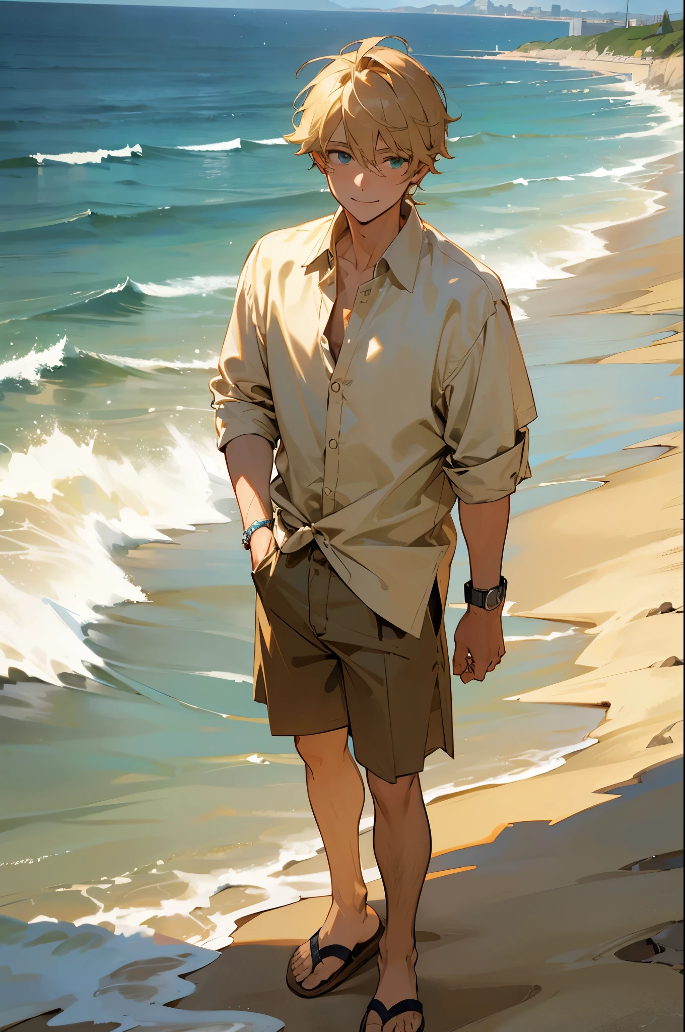 1male, sandy blonde hair, tousled and sun-kissed, teal eyes, relaxed smile, beige linen shirt, khaki shorts, brown sandals, wristwatch, seaside cliff background with crashing waves, detailed face, hands to side, standing on path