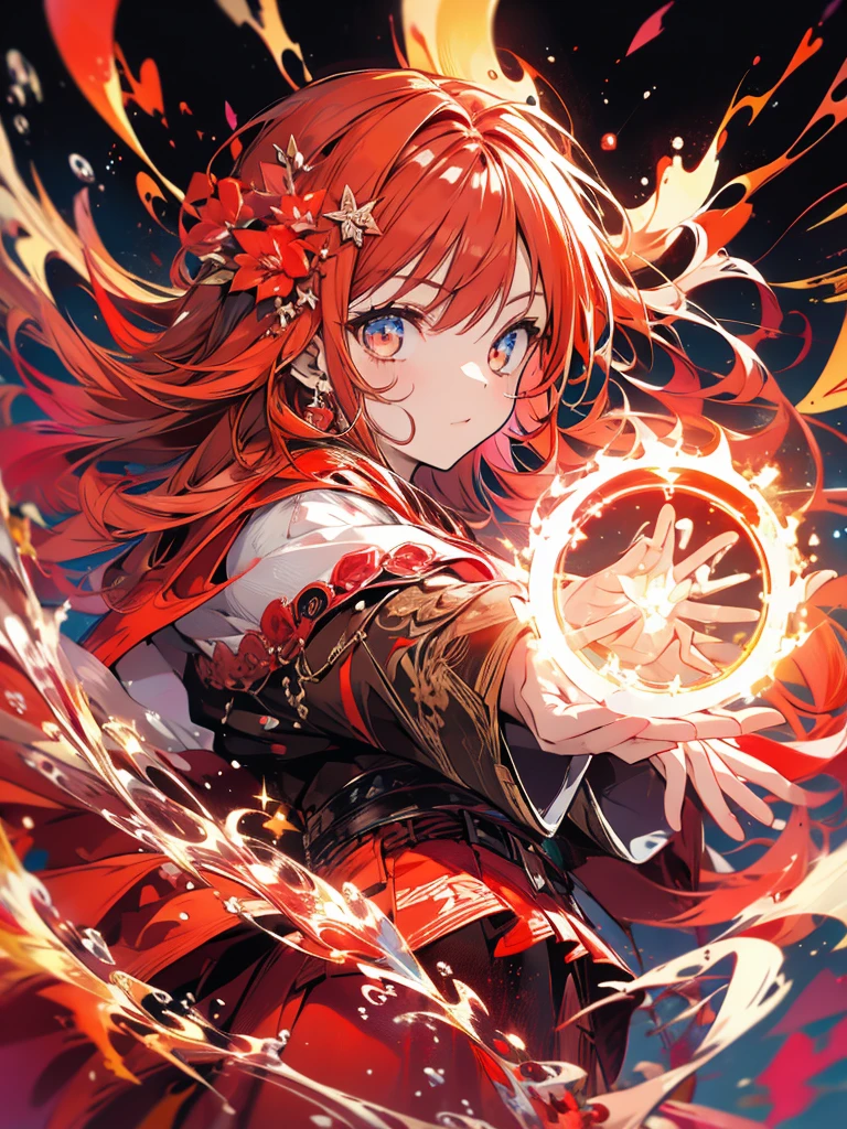 girl flame magic brown robe red hair magic circle