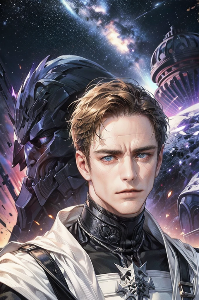 A person identical to Michael Fassbender and his skin is from a galaxy
