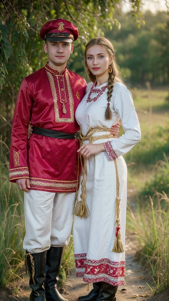 front view, (1 boy and 1 girl is existence), (couple is love),  standing pose ,couple is looking between face to face, (1 man is Russian man,  traditional Russian costumes from the 1930s, red and black design, Cossack hat, long boots ), (1 woman Russian traditional costumes from 1930s), Russian girl is 20 years-old, (blond hair ,double braid), slime body, Russian girl, 18 age old, (Blond hair, middle hair ,  wince, Gray eyes, beautiful lip,  serious), (gold crescent earrings, gold neckless), (big breasts, slender whist, wide hip) ,(wearing traditional ethnic clothing, including a white and red Sarafan and kokoshnik), traditional shoes, The setting is a rural village during a festival, with people engaging in traditional activities and celebrating their heritage   textured skin , HI detailed skin, (foreshortening, Canon, 8K, anatomically correct,  super detail, high details, highness, 