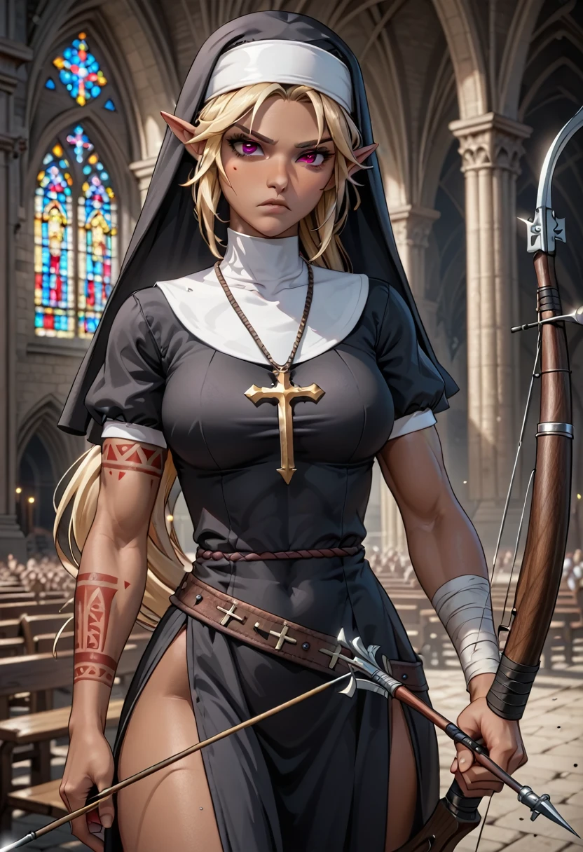 1girl, shooting a bow (weapon), drawing a bow (weapon), weapon, archery, archer, nun clothes, short sleeves, tribal tattoo, dark skin, serious, medium breasts, muscular, long ponytail, blonde hair, dark elf, perfect face, perfect red eyes, church, nighttime, masterpiece quality, ultra HD, 4K, best quality