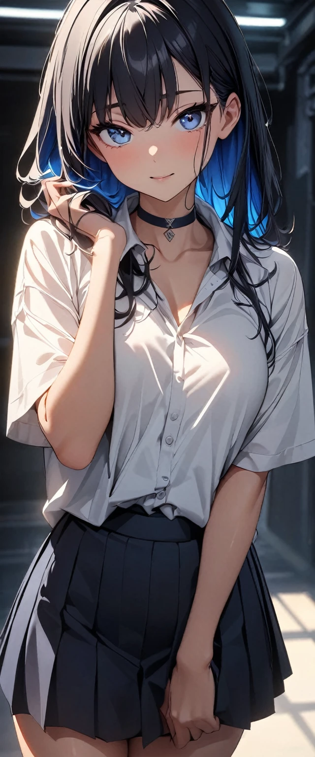 (high quality, 8k, 4K, High Contrast, masterpiece:1.2, 最high quality, Best aesthetics), 1 Female, (Real skin texture:1.3), (Film Grain:1.3), (Selfie angle, High angle), One girl, Beautiful and detailed eyes and face, 最high quality, close, cowboy shot blackshorthair ,  Blue inner hair White shirt dark blue skirt White shirt choker  (He has his shirt off to his shoulders.) Blue colour contact