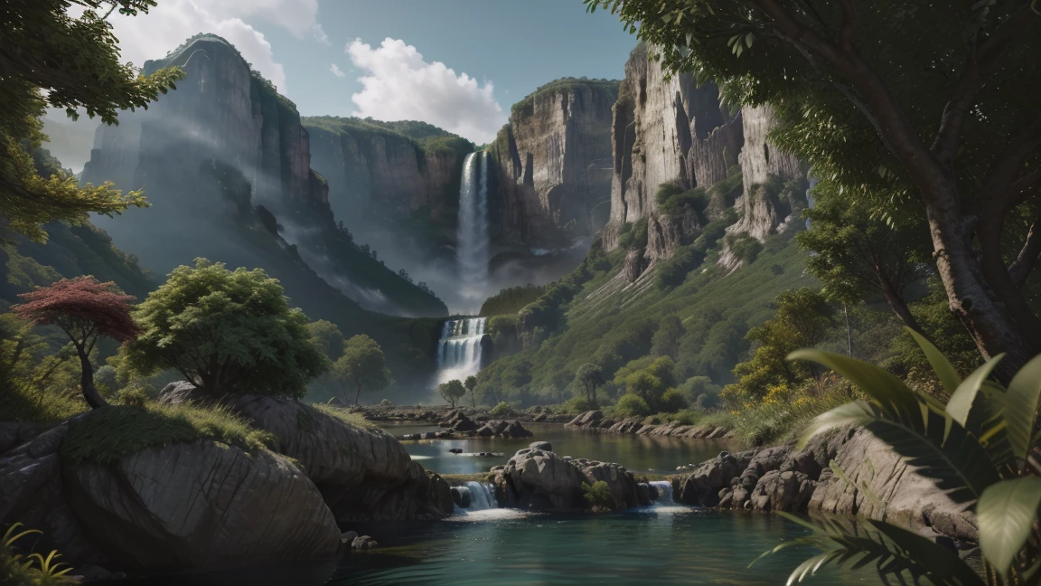 masterpiece, best quality, high quality, Very detailed Cg Unity 8K wallpaper, there is a waterfall in the middle of a mountain with a forest, 4k hd matte digital painting, detailed painting 4 k, beautiful mattepainting, 4k highly detailed digital art, 8k stunning artwork, beautiful art uhd 4 k, 4 k matte painting, 8k high quality detailed art, matte painting 4k 8k, inspired by Andreas Rocha, Landscape, water, (very detailed CG unity 8k wallpaper), art of painting on the most beautiful artworks, professional majestic oil paintings, intricate, high detail, clear focus, dramatic, realistic painting Tamarind,miniature,Award-winning photography, Bokeh, depth of field, high dynamic range, bloom, Color difference ,lifelike,Very detailed, complex, high detail, dramatic, Midway Art
