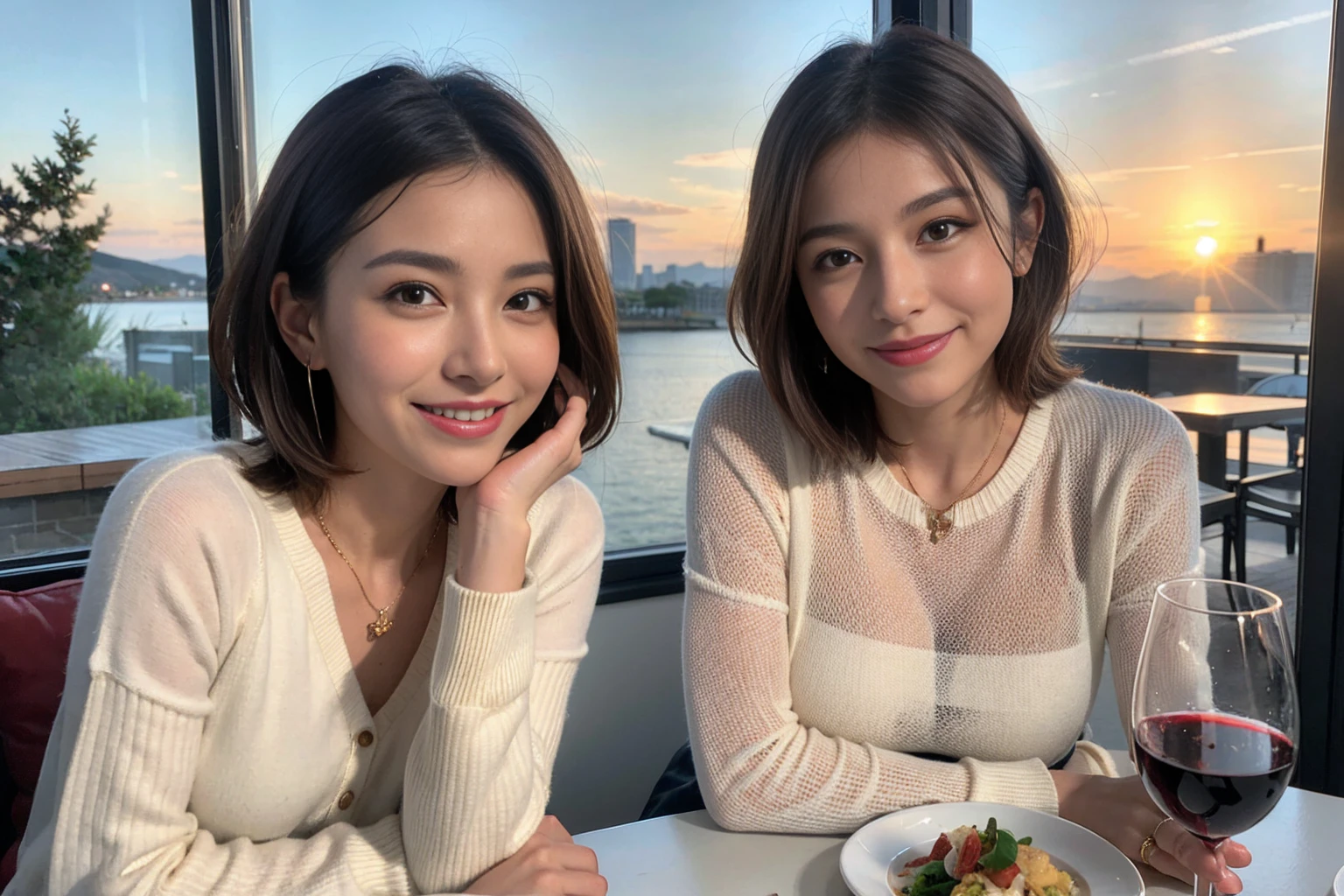 （Realistic:1.1）,(masterpiece,Highest quality)，8k,(49 years old), 47 years old, slimカップル、Model Couple、actress/actor、Tight waist,Upper Body,full-course dinner、wine 、Amazing view of the sunset sky and clouds、Perfect Anatomy, Brown Hair, short hair,Random Hairstyles,((Highly detailed face and eyes:1.2))(cute顔:1.4)，美しいactressの顔，Perfect golden ratio face，Long sleeve shirt、dress,(smile:1.2)、Shortcuts、cute、(Realistic, Intricate details:1.2), A bright smile、short hair,Bright Face、赤wine 、Appetizers、Italian food、wine bottle、Champagne、スパークリングwine、(slimな顔), (The body is slim), (Brown Hair), (Shortcuts),  Upper Body, 白wine, slim, wineグラス, 