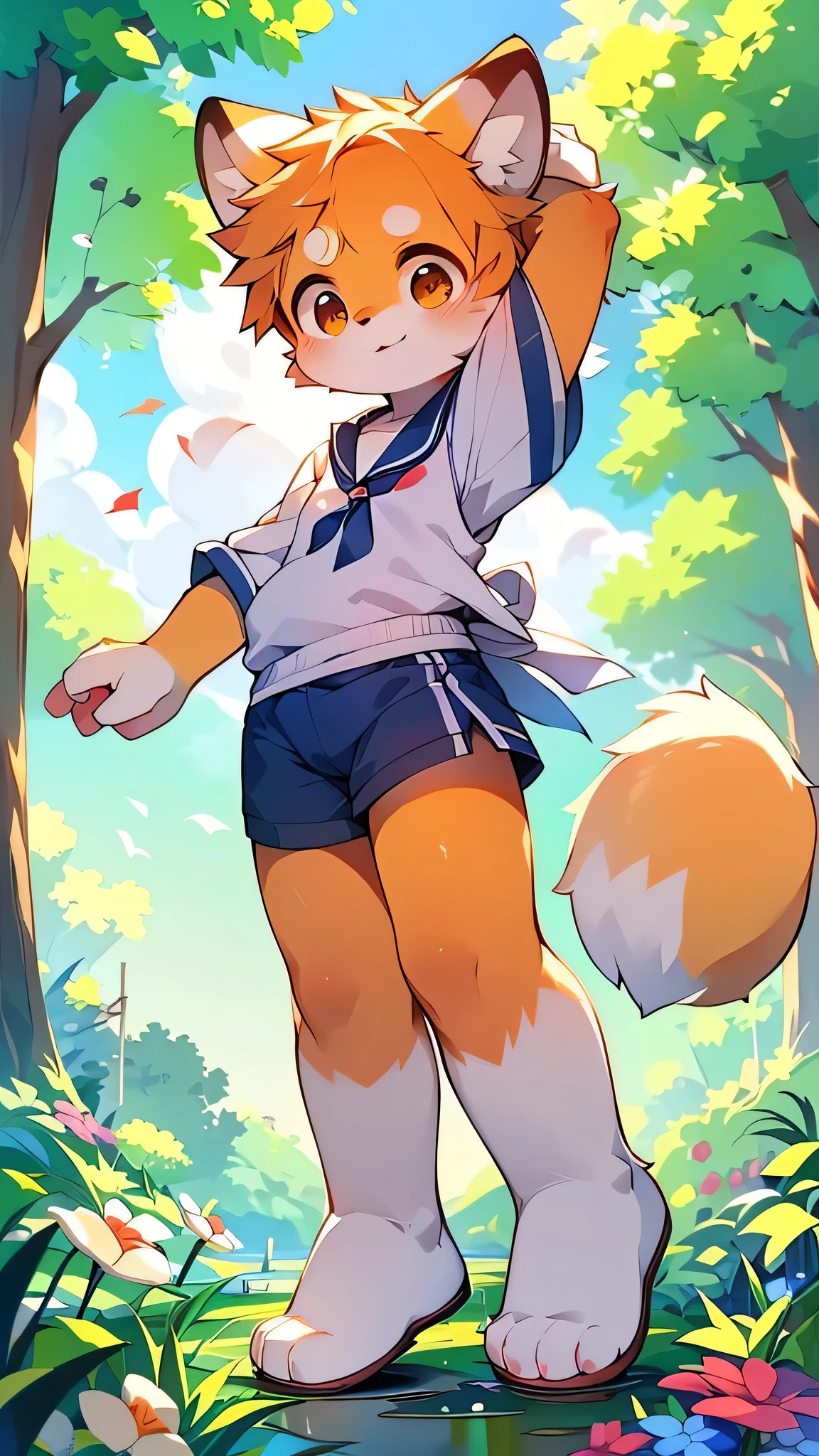 Red Panda Girl,Characteristics of the Sailor Suit,super high quality,Very detailed,High resolution,Cute art style in anime,Rice field scenery,(Cheerful ager,13 y),alone,single,Cute face female