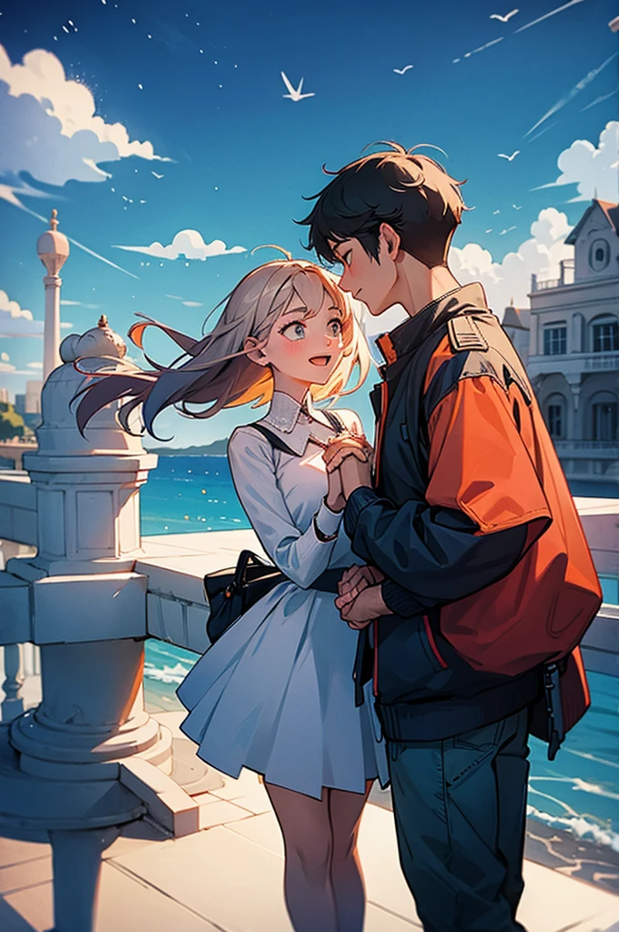 Couple holding hands fall from the sky