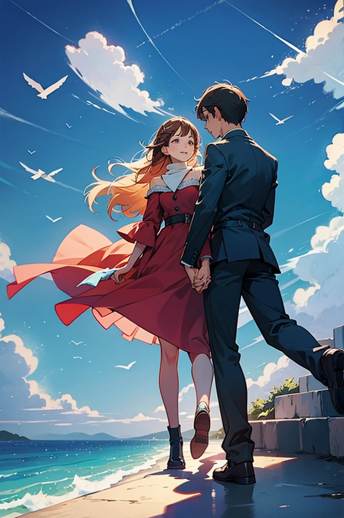 Couple holding hands fall from the sky