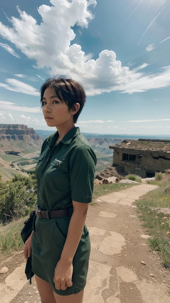 Canyon Ruins Taiju Pickaxe Explorer Explorer's Clothes Hair Green Adult Woman Short Hair Ruins Big Lake Absurdity Big Sky Expansive Nature