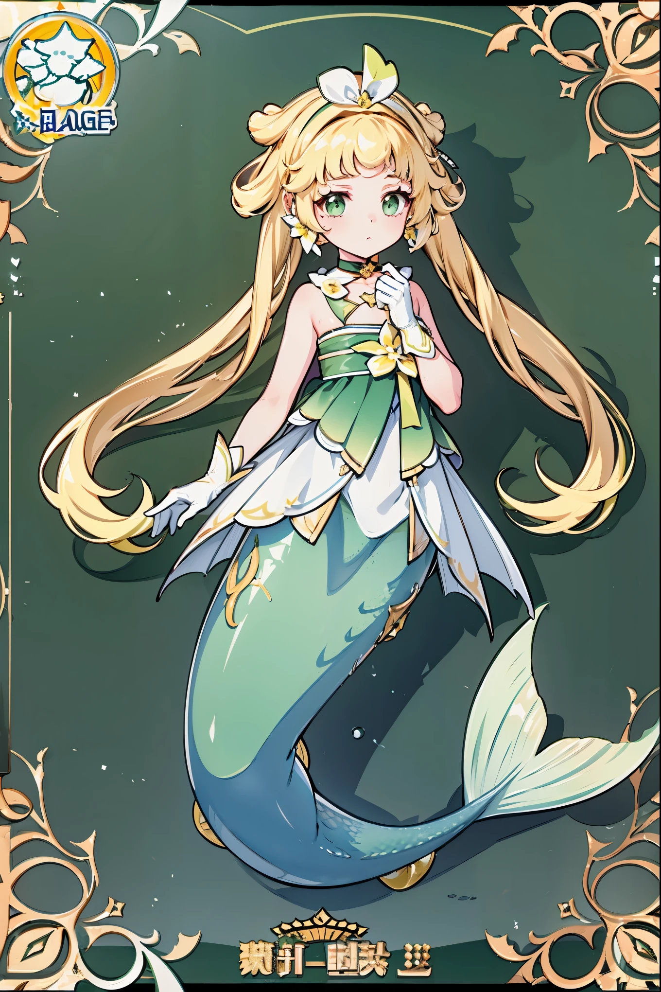 masterpiece, best quality,A girl,verinadef, blonde hair, hair ornament, very long hair, hair flower,sleeveless dress, green dress,band,gloves,bare shoulders, sleeveless, white gloves,Mermaid,金色的Mermaid尾巴,full-body shot,Lying in bed,Looking at the audience,