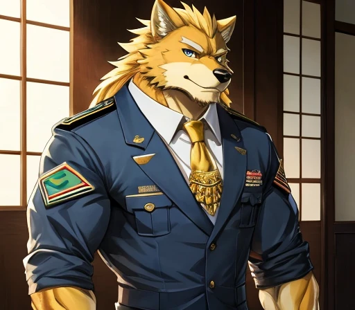 masterpiece,high quality,Japanese Manga,Exquisite eyes, Male wolf orc，Golden animal hair，Wave pattern pendant，lecturer,Wear a neat military uniform， Great physique,Strong arms make a man&#39;Charm, , （Standing on the playground and whistling）, , (Lightning bolt pattern), 