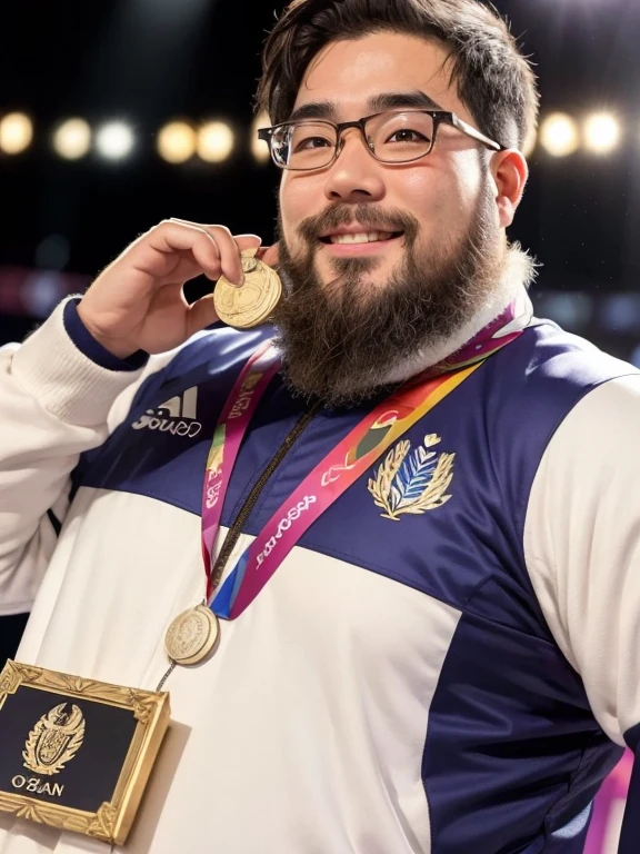 male, alone, ((Yossan)), beard, Glasses, Are fat, (Gold Medalist), (Podium), Trophy, (Medals), audience, Spotlight, A moving moment, smile, Flag on background, Olympic logo on background