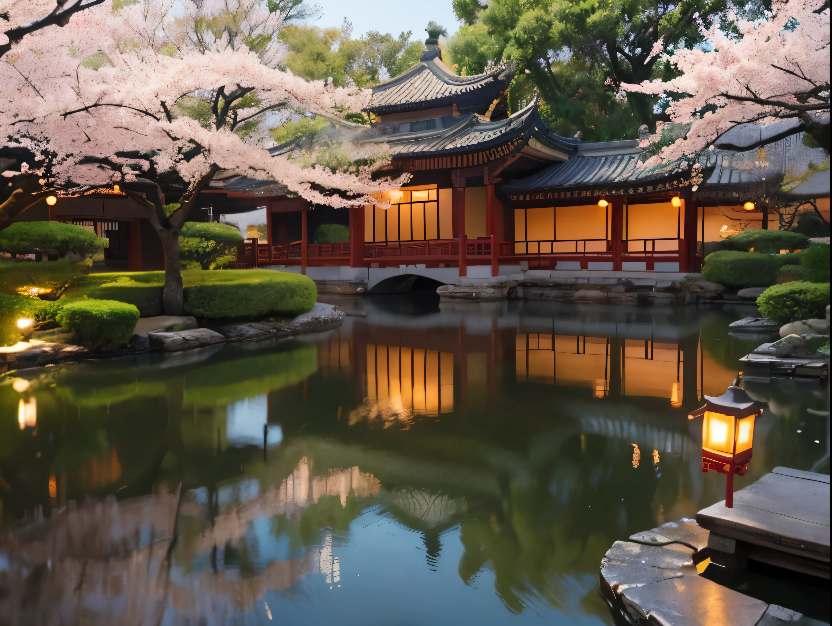 a beautiful ancient chinese garden, 1 girl, detailed and realistic, intricate details, photorealistic, cinematic lighting, dramatic shadows, warm color palette, soft focus, magical atmosphere, stunning architecture, lush foliage, reflective pond, cherry blossoms, ornate bridges, lanterns, pagodas, calligraphy