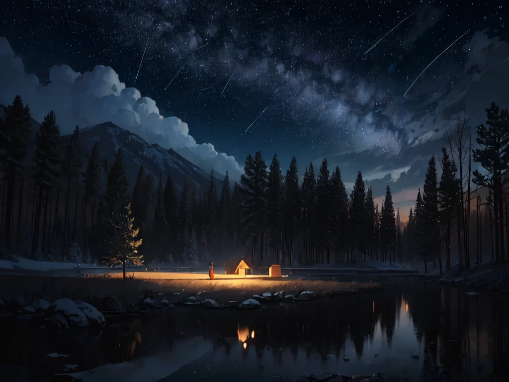 figure, comics, Calm tone, Calm colors, Beautiful Landscape, forest, lake, Dark Night, Nabla, Starry Sky, shooting star, 8k, Highest quality, By Ilya Kuvshinov, by makoto shinkai