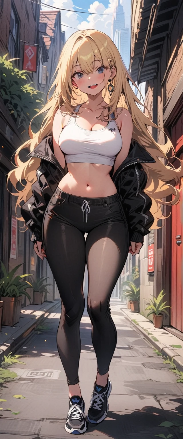 masterpiece, best quality, ultra-detailed, high quality, highres, 1girl, solo, pretty woman, blonde hair, beautiful and perfect face, black eyes, smile open mouth, looking at viewer, white crop top tank top, crop jacket, off shoulder, black joger pants, medium breasts, navel, slim body, wide hips, curvy, long and slim legs, trainers shoes, standing, full body, from front, indoors, on the street, city view and daytime sky