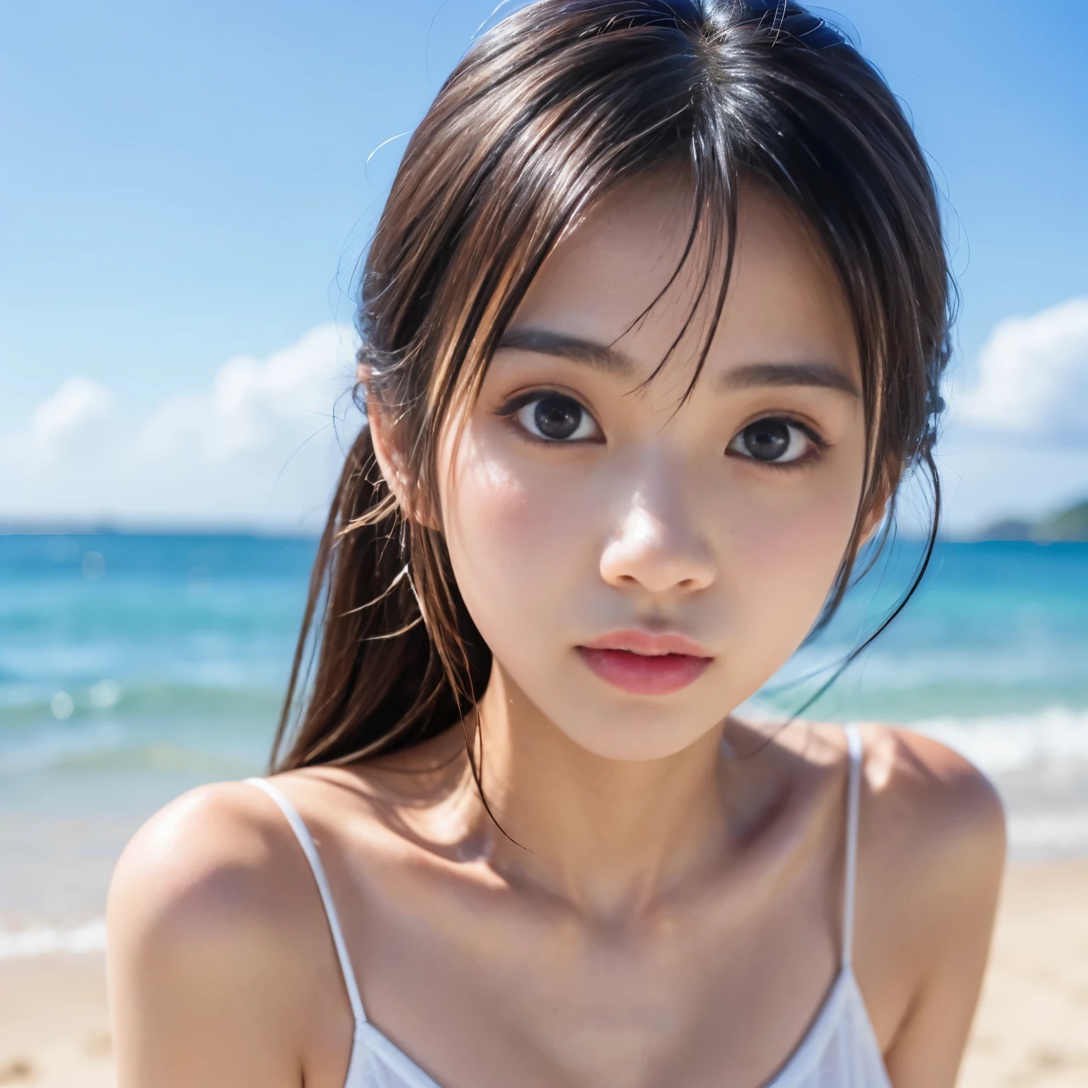 (Best-quality, Masterpiece, Ultra-High-Resolution, (Photorealistic:1.4), Raw Photo, depth of field, professional lighting, perfect anatomy, extremely details), (at summer-beach, beautiful sky, beautiful sea, beautiful sand-beach), 1girl, 15-years-old, the most famous Japanese actress, (((drunk))), wearing summer-clothes, (((((extremely beautiful and extremely realistic skins))))), ((((extremely beautiful and extremely big eyes)))), ((extremely beautiful face like the most popular Japanese actress)), (extremely beautiful hair), (extremely beautiful long-eyelashes), (extremely beautiful lips)