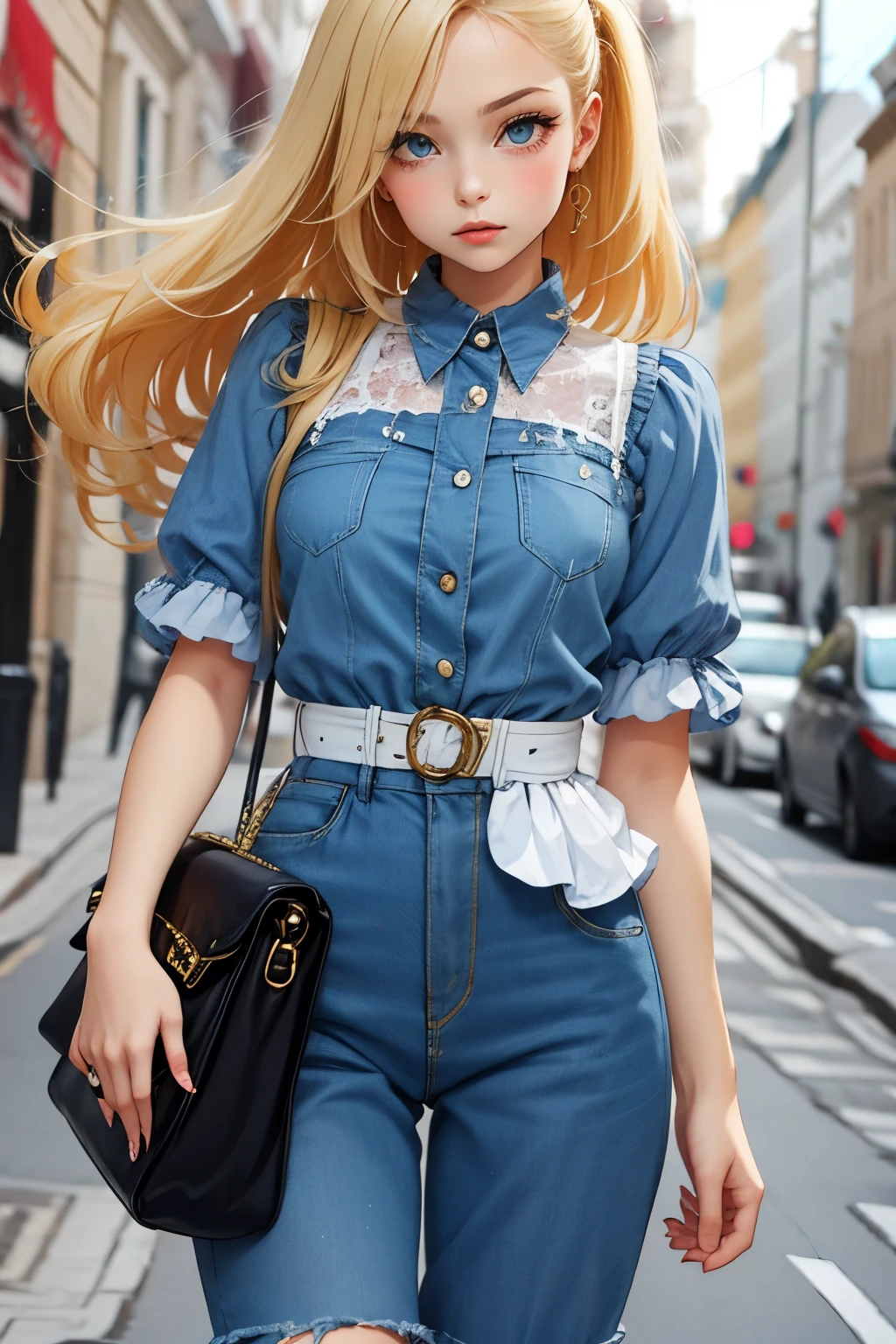 A woman takes a corner on a motorcycle, no helmet, long blonde hair flying, a beautiful woman, a lovely expression, a public road, a speedy depiction