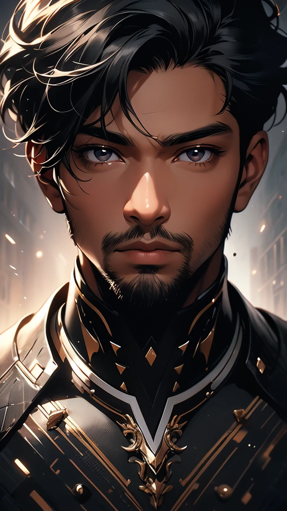 (masterpiece, ultra detailed image, 32k, 8k) black man, short black hair, knight, gray eyes, confident expression, (staring at viewer, image focused on face)