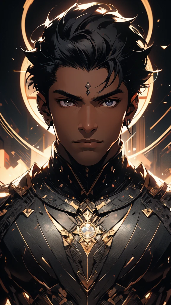 (masterpiece, ultra detailed image, 32k, 8k) black man, short black hair, knight, gray eyes, confident expression, (staring at viewer, image focused on face)