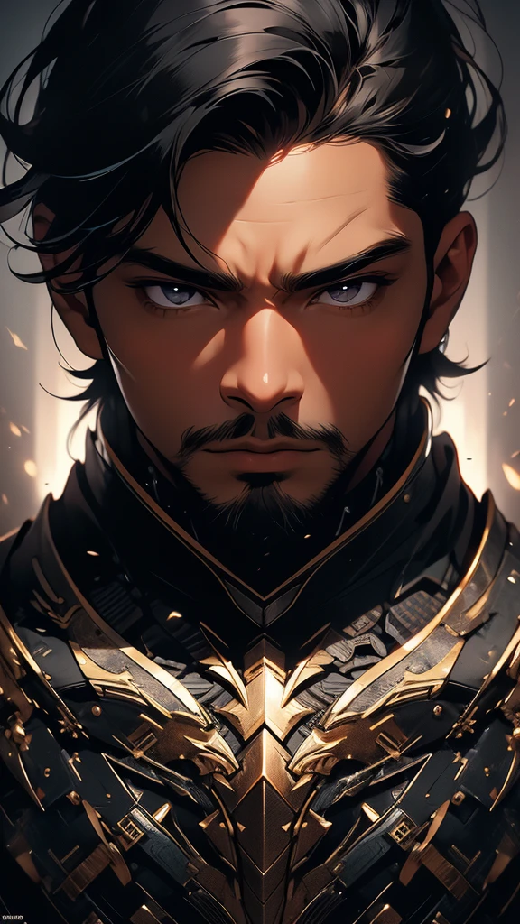 (masterpiece, ultra detailed image, 32k, 8k) black man, short black hair, knight, gray eyes, confident expression, (staring at viewer, image focused on face)