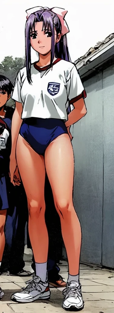 Momoko Koigakubo, a tall girl with beautiful legs, is standing with a smile on her face in a white gym uniform and light navy blue bloomers that look like panties.。A young boy in a jersey is being held by Momoko Koigakubo。