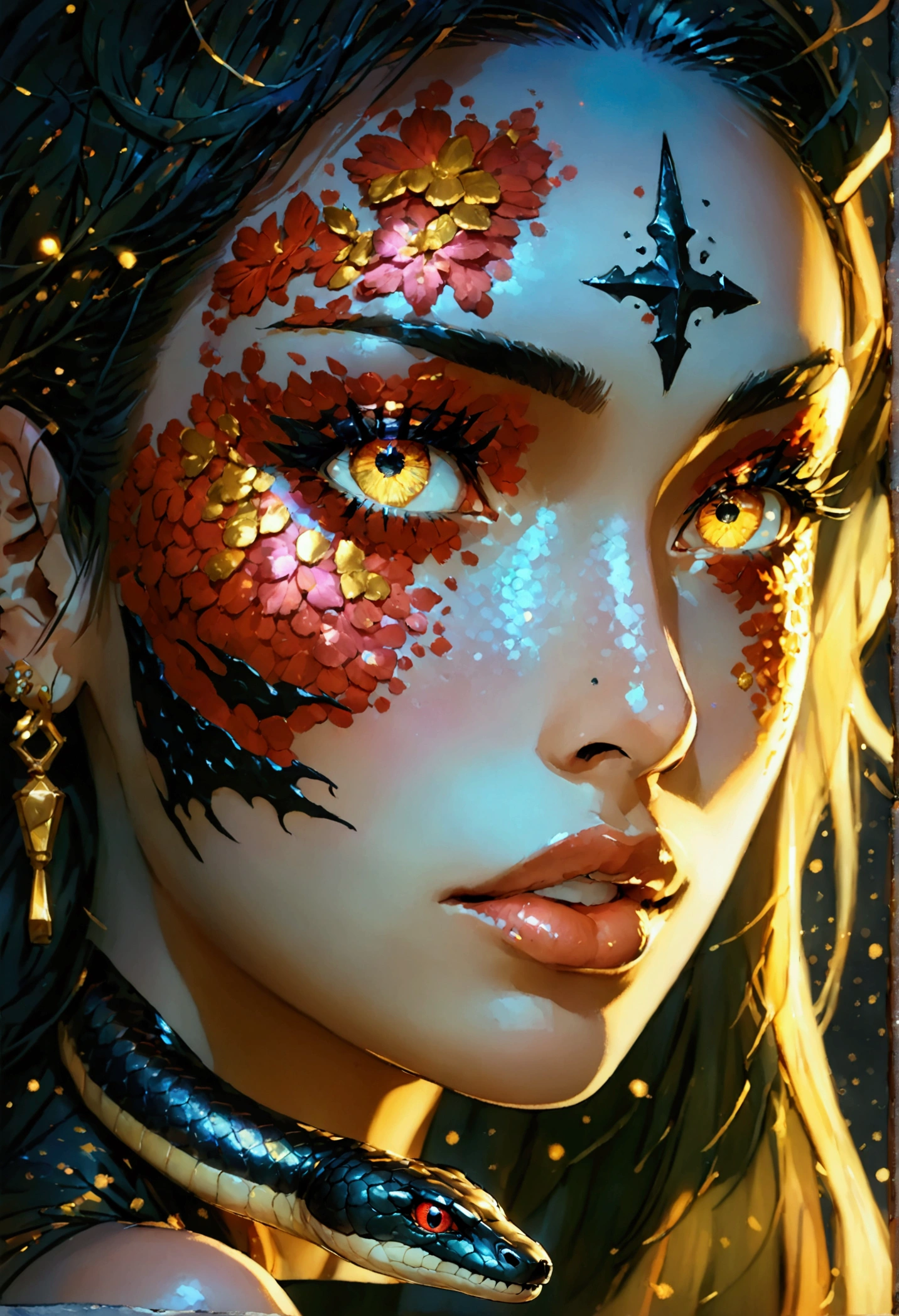 PORTRAIT, only face portrait, macro, a happy FACE black demon girls next to a black snake portrait, carvings and tattoo and markings on the face, mouth closed teeth out, scarface red skin with light and glitter, long gold hair with red skulls on hair, shiny and lightening eyes with one eye closed, cosmos eyes, next to a black snake, highly detailed fur (vectorized) yellow lightening eyes, detailed skin, image is compelling with dynamic composition and dark posing. Include many fantasy details such as bumps, phantasmal iridescence, glitter, galaxy, cosmos, fire, ((dark celestialskin hell body, void cosmic body)), (((dark background))), (((lights off))), (((hollywood dark))), horror, dramatic shadows, (in a dark fantasy space:1.3, glitter, sparkle, gleam) vector digital illustration, (black background:1.5)sharp