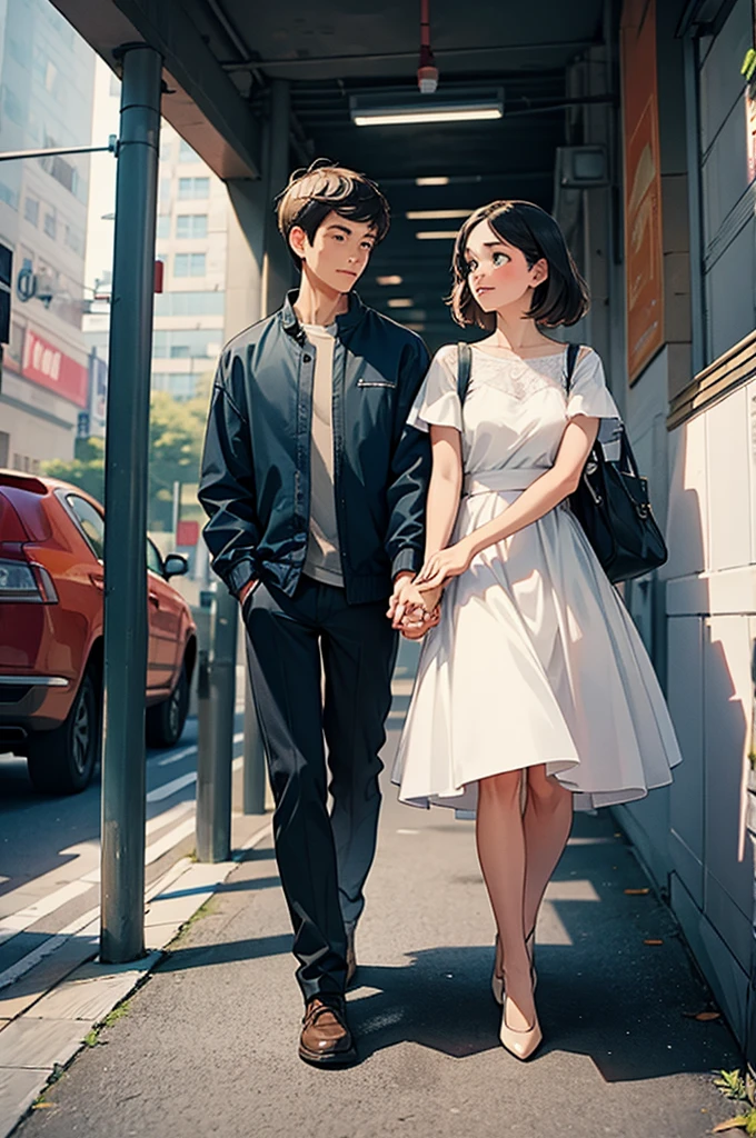 Couple holding hands full body view