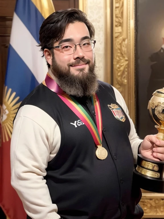 male, alone, ((Yossan)), beard, Glasses, Are fat, (Gold Medalist), (Podium), Trophy, (Medals), audience, Spotlight, A moving moment, smile, Flag on background, Olympic logo on background