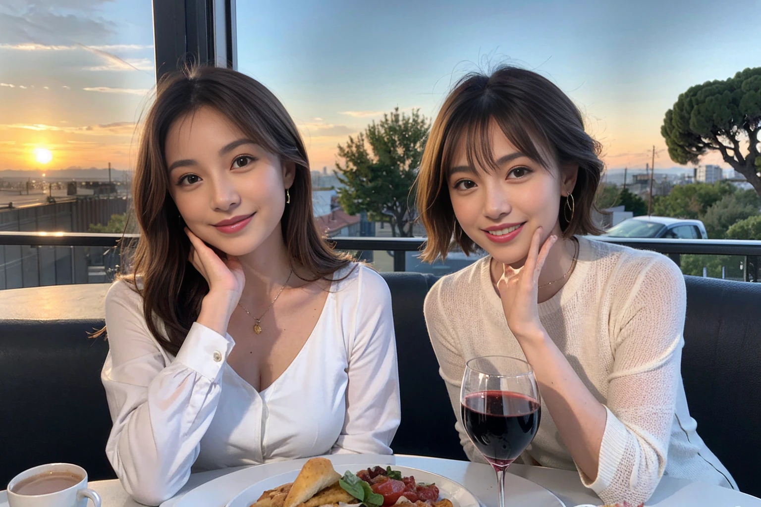 （Realistic:1.1）,(masterpiece,Highest quality)，8k,(40 years old), 36 years old, slimカップル、Model Couple、actress/actor、Tight waist,Upper Body,full-course dinner、wine 、Amazing view of the sunset sky and clouds、Perfect Anatomy, Brown Hair, short hair,Random Hairstyles,((Highly detailed face and eyes:1.2))(cute顔:1.4)，美しいactressの顔，Perfect golden ratio face，Long sleeve shirt、dress,(smile:1.2)、Shortcuts、cute、(Realistic, Intricate details:1.2), A bright smile、short hair,Bright Face、赤wine 、Appetizers、Italian food、wine bottle、Champagne、スパークリングwine、(slimな顔), (The body is slim), (Brown Hair), (Shortcuts),  Upper Body, 白wine, slim, wineグラス, 