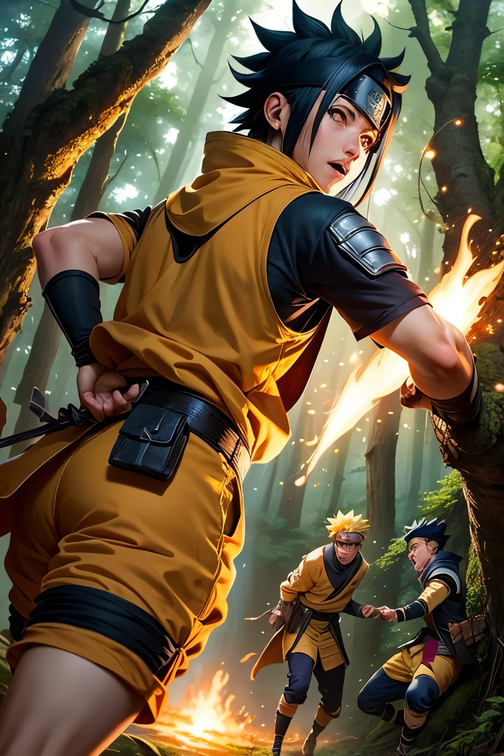 ((best quality)), ((masterpiece)), (detailed), Naruto with friends in battle positions, in the forest, magical lights