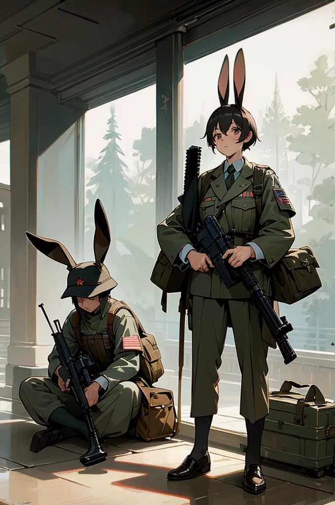 Masterpiece, machine gunners waiting in a fancy lobby, short, rabbit ears, rabbit tail, wwii army uniform