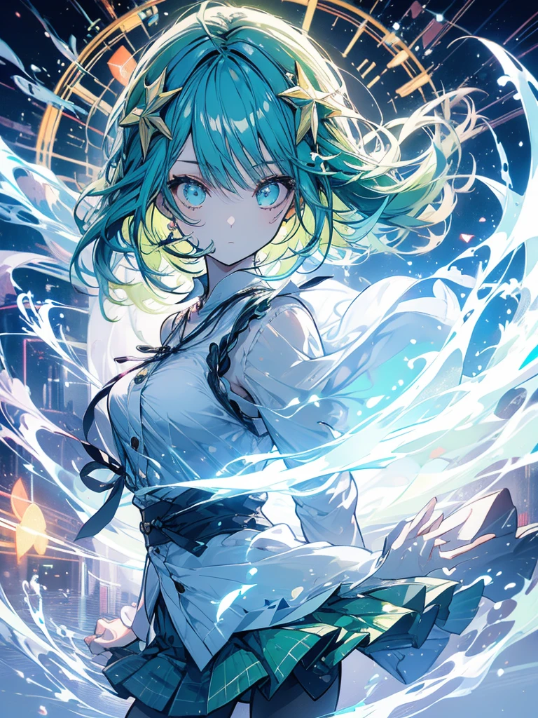 Girl, light, healing, recovery, support, green hair, skirt, white shirt, magic circle