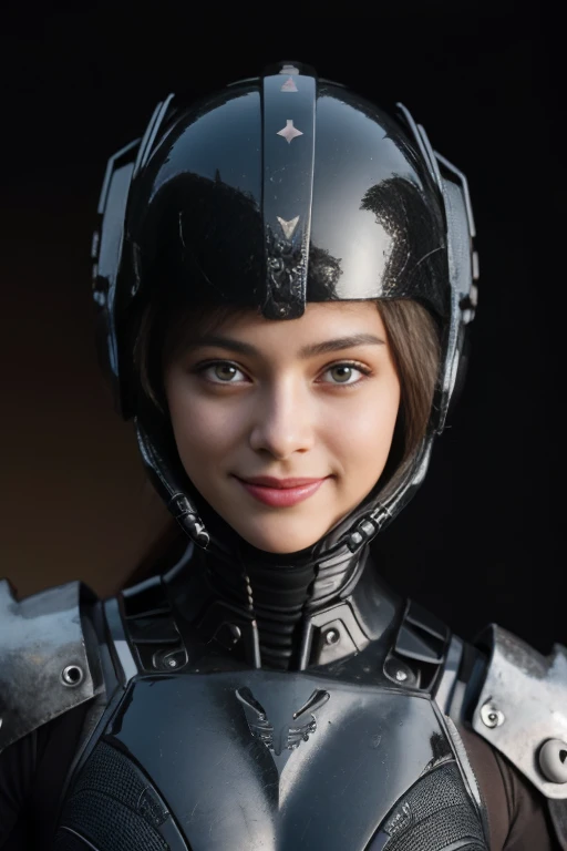 Close-up of a ((extremely beautiful female warior)) , half human, half machine, their faces a bit partially obscured by military helmets. Their eyes are filled with hapiness and longing. The background is a trail of blood and violence. SHe wears a mechanized robot armor, carved with animal elements, human skulls. The sky is filled with swirling, fiery clouds. The photo conveys a strong sense of the warrior's appearance, ((smiling))