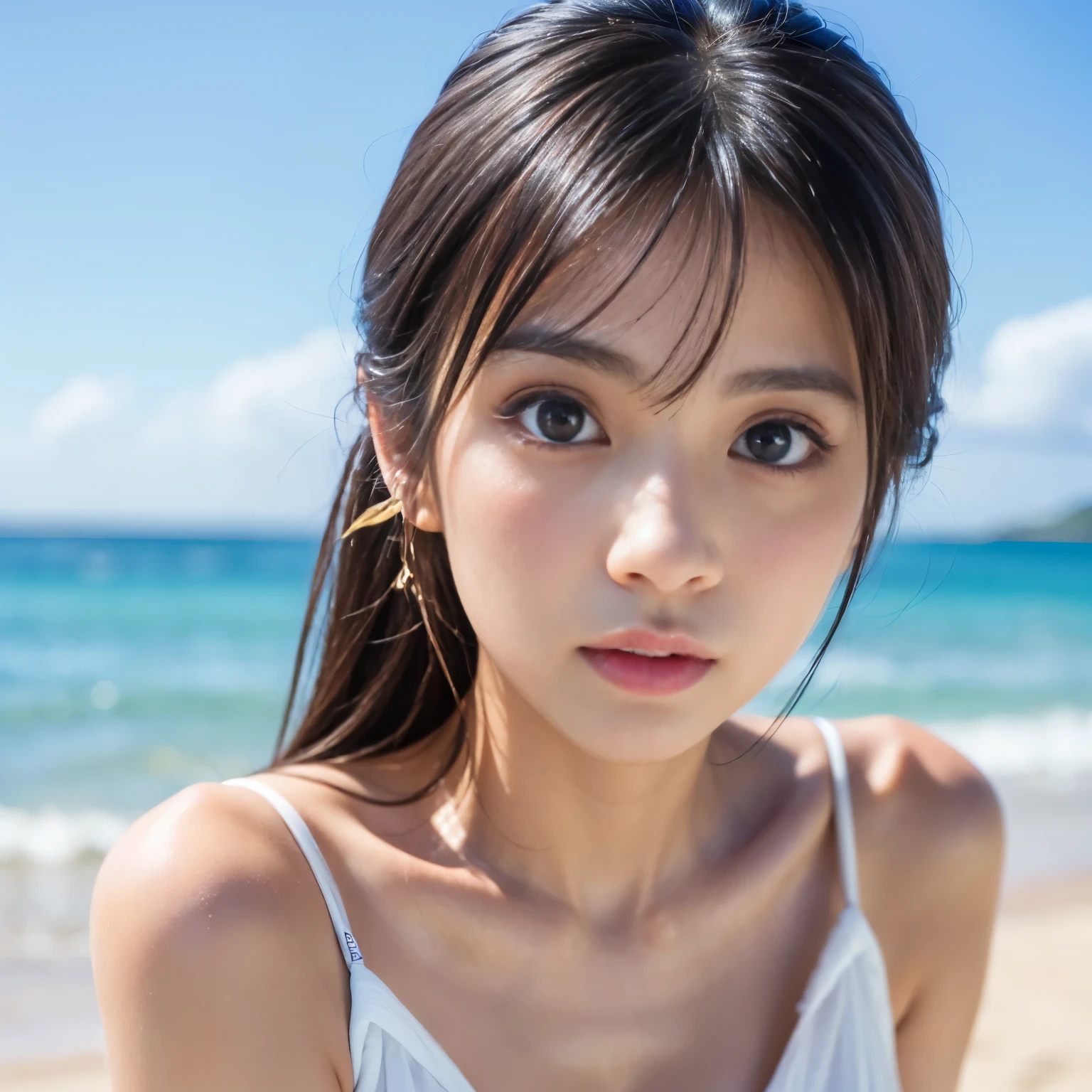(Best-quality, Masterpiece, Ultra-High-Resolution, (Photorealistic:1.4), Raw Photo, depth of field, professional lighting, perfect anatomy, extremely details), (at summer-beach, beautiful sky, beautiful sea, beautiful sand-beach), 1girl, the most famous Japanese actress, (((drunk))), wearing summer-clothes, (((((extremely beautiful and extremely realistic skins))))), ((((extremely beautiful and extremely big eyes)))), ((extremely beautiful face like the most popular Japanese actress)), (extremely beautiful hair), (extremely beautiful long-eyelashes), (extremely beautiful lips)