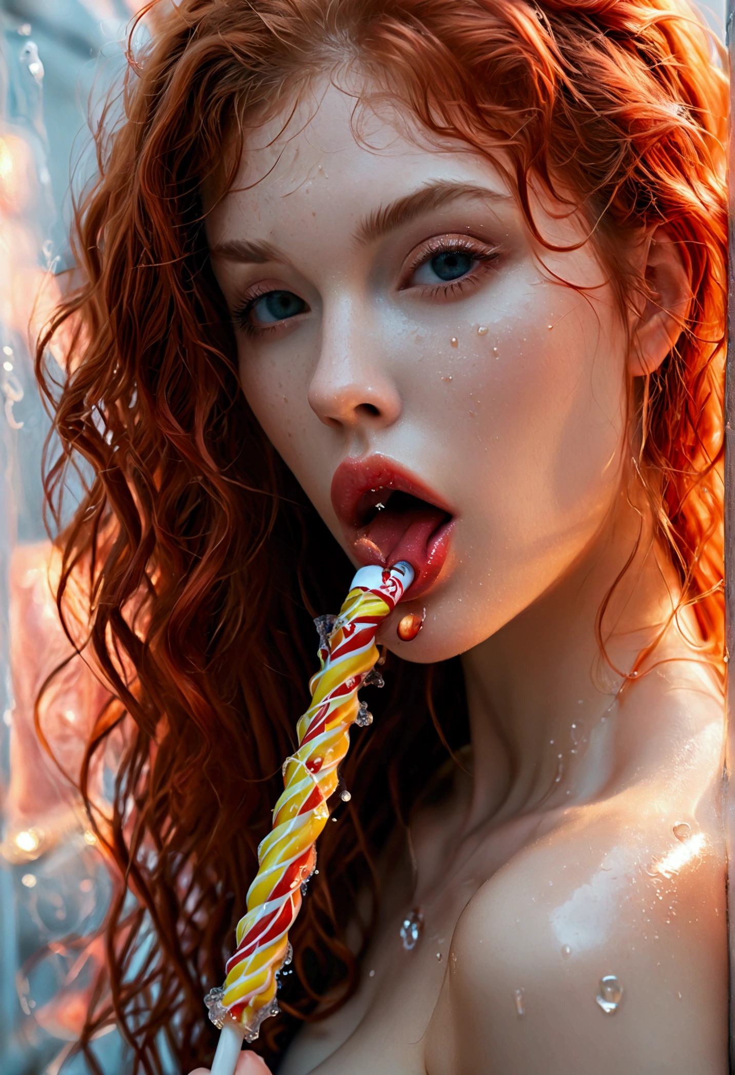 ultra realistic, photography, portrait, upper torso, red haired girl, 20 years old, hourglass figure, perfect body, supermodel, long legs, her wet tongue licking a long spiral lollipop, seductive look, long eyelashes