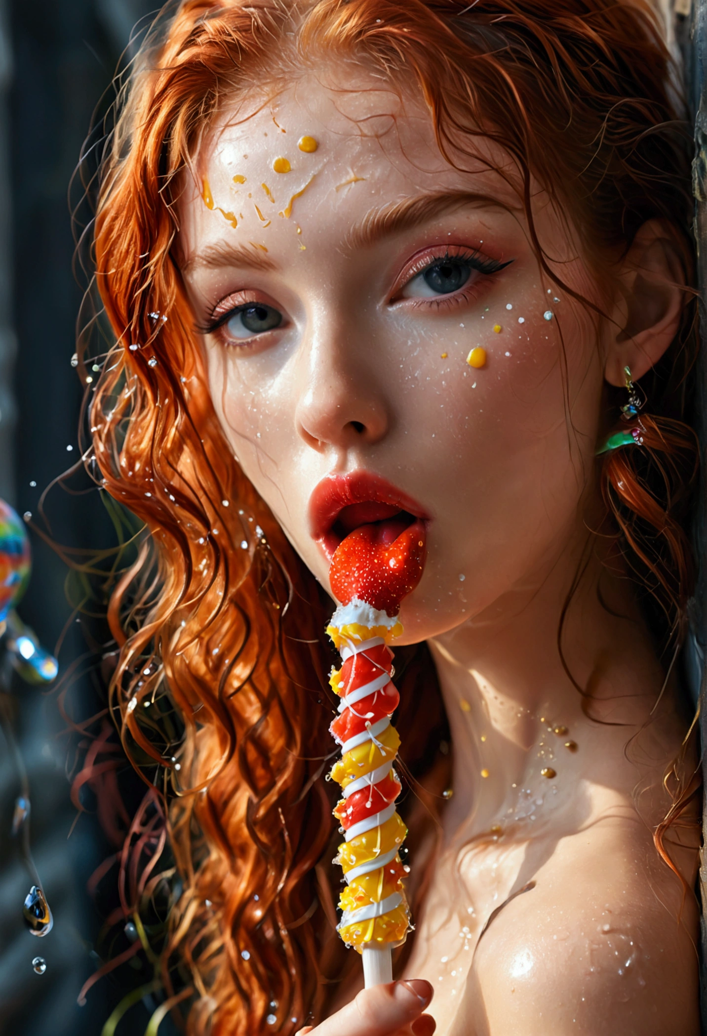 ultra realistic, photography, portrait, upper torso, red haired girl, 20 years old, hourglass figure, perfect body, supermodel, long legs, her wet tongue licking a long spiral lollipop, seductive look, long eyelashes
