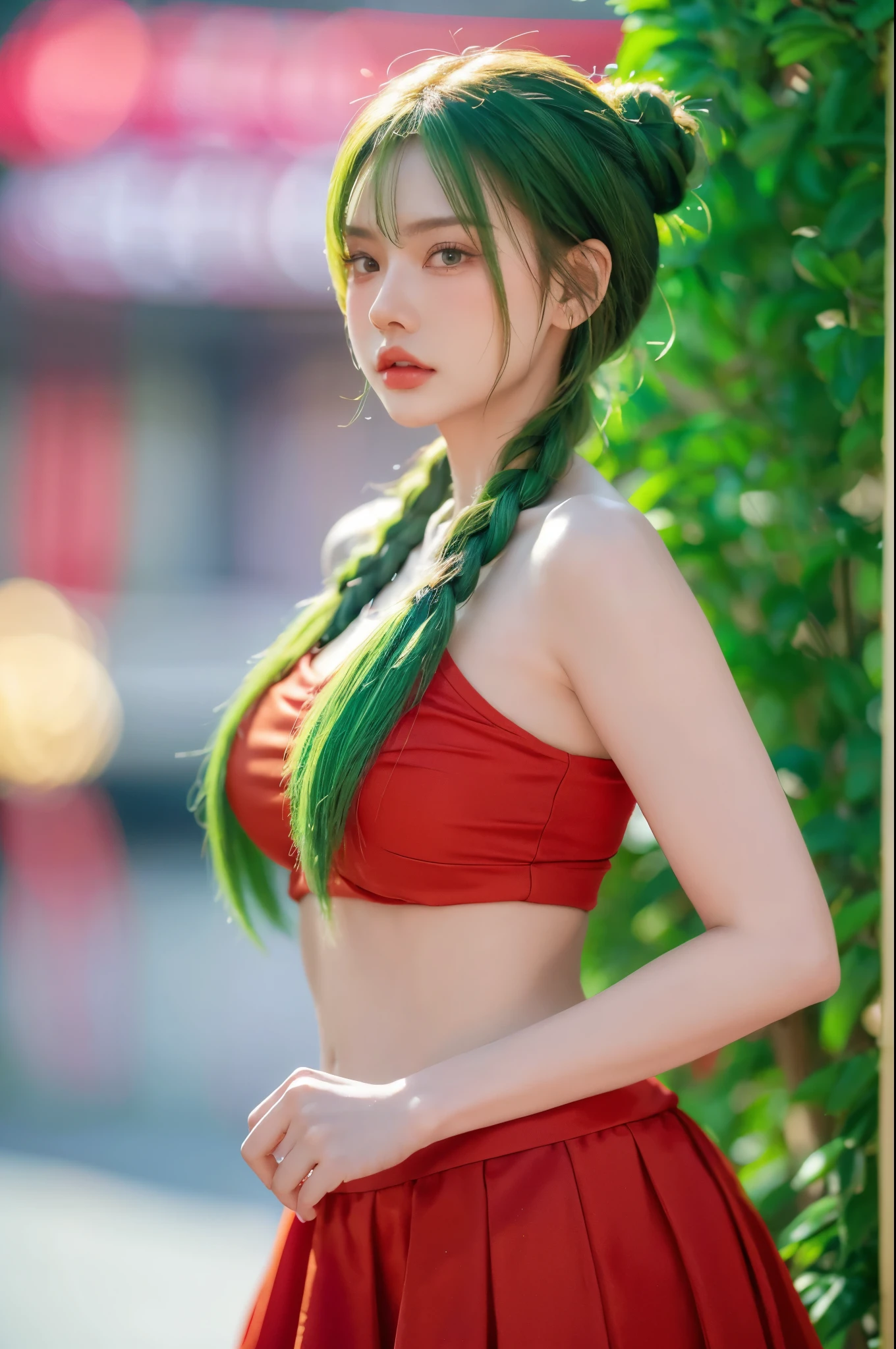 A beautiful detailed girl with stunning green hair in a braided bun, wearing a red shirt and a short skirt, against a high-quality black background, (best quality,4k,8k,highres,masterpiece:1.2),ultra-detailed,(realistic,photorealistic,photo-realistic:1.37),HDR,UHD,studio lighting,ultra-fine painting,sharp focus,physically-based rendering,extreme detail description,professional,vivid colors,bokeh