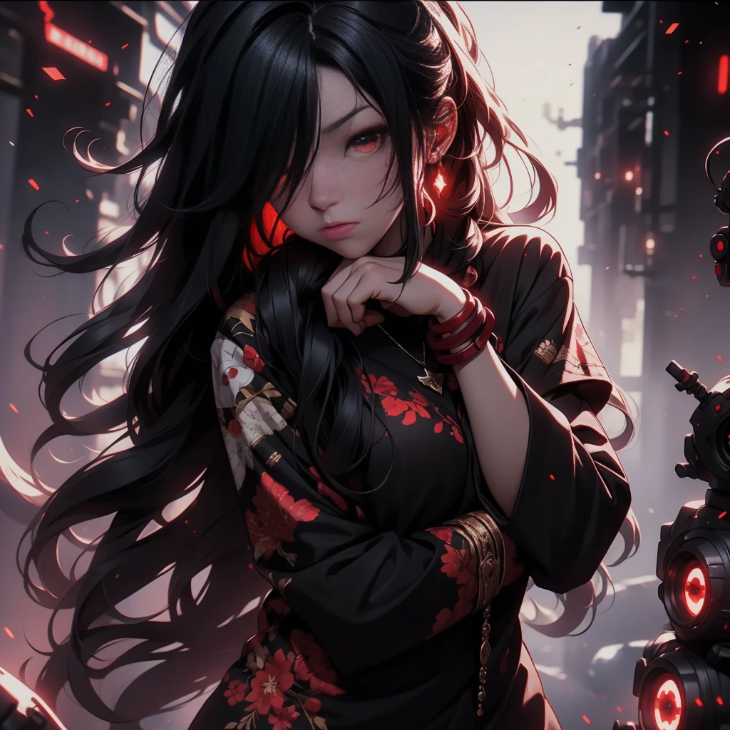 Best quality, complex parts, chromatic aberration, 1 girl, long hair, black hair, dirty hair, red highlights, hair over one eye, Red eyes, keen eyes, necklace,, , armband, hands behind your back, tied hands,