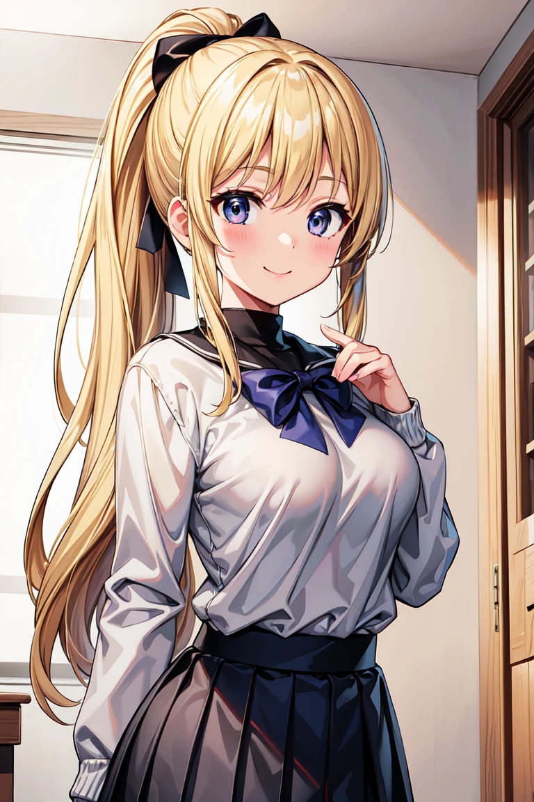 master piece , best quality , ultra detailed , woman , smile , shiny hair , beautiful eyes , kawaii , cute , Blonde with ponytail high school girl, uniform style, gray sweater, white shirt, navy skirt, relaxed expression, home background