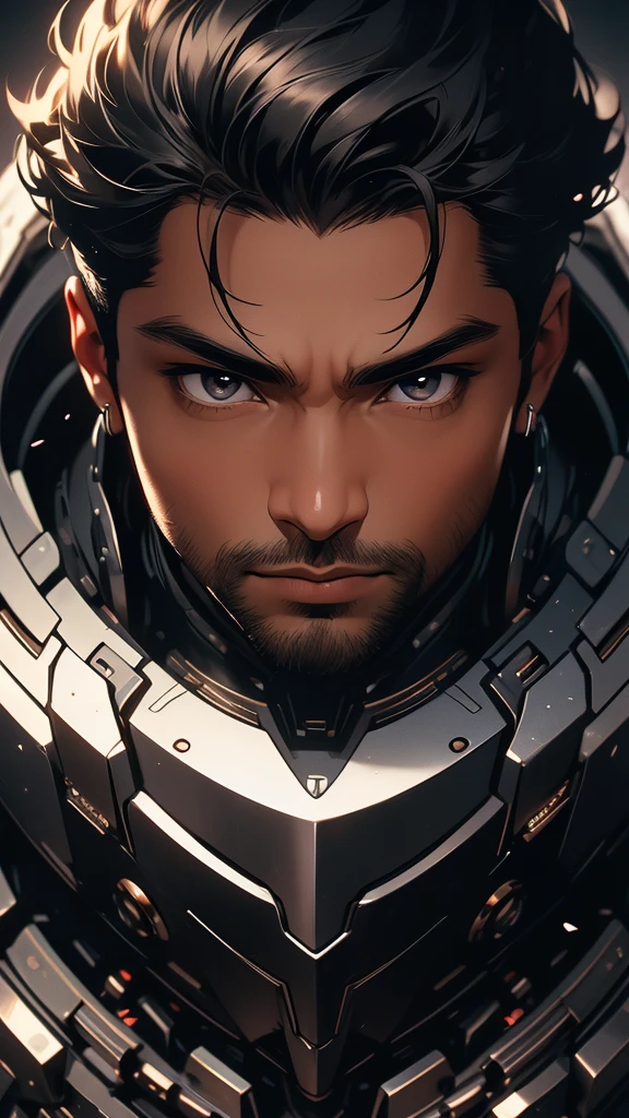 (masterpiece, ultra detailed image, 32k, 8k) black man, short black hair, knight, gray eyes, confident expression, (staring at viewer, image focused on face) video