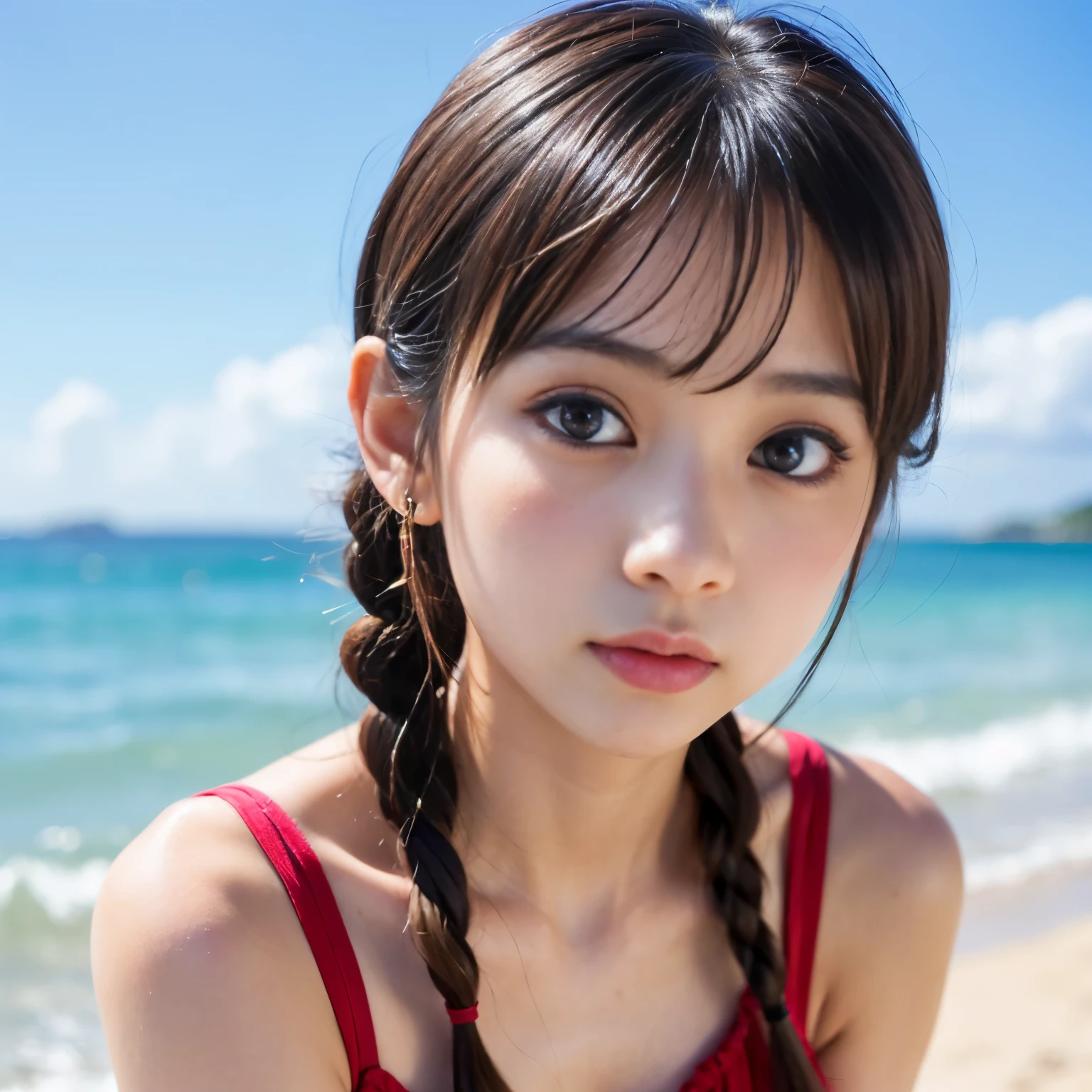 (Best-quality, Masterpiece, Ultra-High-Resolution, (Photorealistic:1.4), Raw Photo, depth of field, professional lighting, perfect anatomy, extremely details), (at summer-beach, beautiful sky, beautiful sea, beautiful sand-beach), 1girl, 15-years-old, the most famous Japanese idol, (((drunk))), wearing summer-clothes with cute-design, (((((extremely beautiful and extremely realistic skins))))), ((((extremely cute and extremely big eyes)))), ((extremely cute face like the most popular Japanese idol)), (extremely beautiful hair), (extremely cute long-eyelashes), (extremely cute lips)