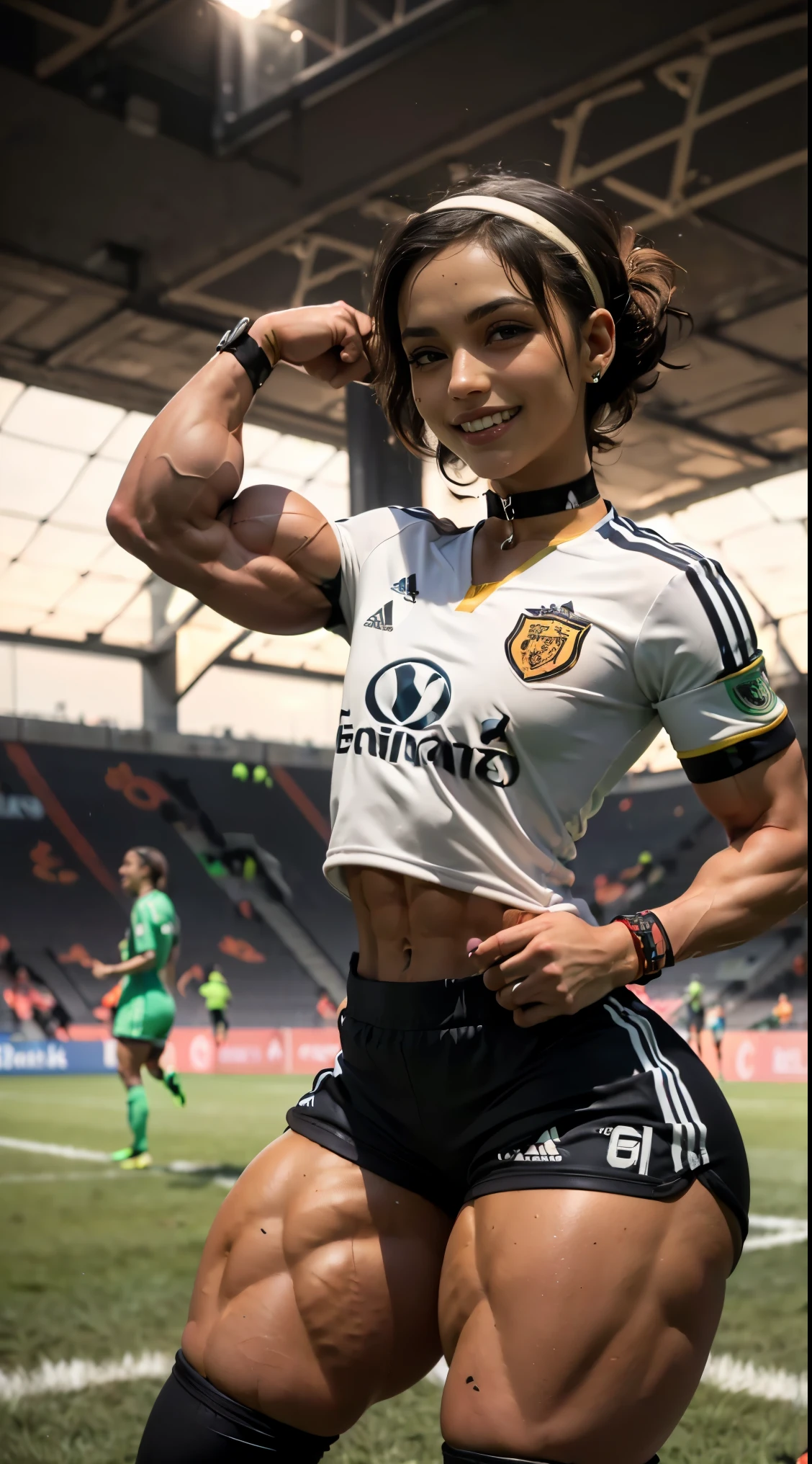 (muscular:2.2), (thick thighs:2.1),
(latina female, tan skin, dark skin, black hair:1.5), (big smile:1.5), (adult),
lipstick, eyeshadow,
(hard nipples), (small breasts:1.5),
(soccer jersey, soccer shorts, choker:1.6),
looking at viewer, (three quarter view:1.3), upper body view, 
rim lighting, two tone lighting, dim lighting, bokeh, detailed skin, detailed eyes