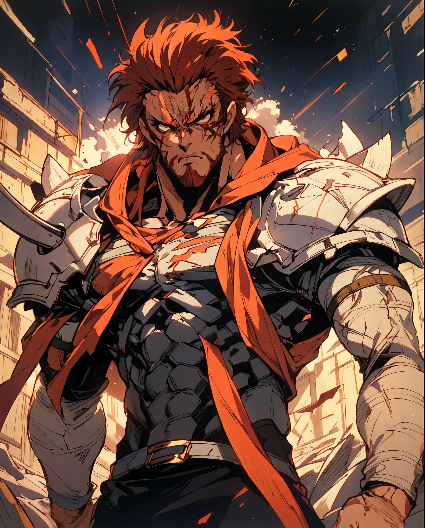(masterpiece:1.2, best quality:1.2, extremely delicate:1.2), ((male:1.5)), a man with disheveled long orange and red hair, (no eyebrows:1.2), deep-set eyes, (a long scar on the right side of his face:1.2), rough features, (a full beard:1.2), a dissatisfied expression, a tall and muscular build, a post-apocalyptic fantasy-style wilderness coat with no sleeves, fur around his shoulders and neck, a half-damaged monster skull hanging in the middle of his chest, has spiked shoulder guards, revealing his muscular abs, stands in a post-apocalyptic fantasy-style desolate town, this character embodies a finely crafted post-apocalyptic fantasy-style overlord in anime style, exquisite and manga art style, dramatic, high definition, highres, ultra-detailed, ultra-fine painting, professional, perfect body proportions, golden ratio, anatomically correct, symmetrical face, extremely detailed eyes and face, high quality eyes, creativity, RAW photo, UHD, 32k, Natural light, cinematic lighting, masterpiece-anatomy-perfect