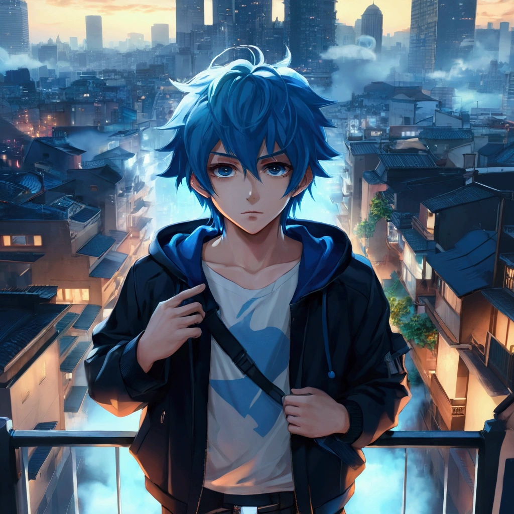 anime boy with blue hair and black jacket standing on balcony overlooking city, anime style 4 k, 4k anime wallpaper, anime art wallpaper 8 k, anime art wallpaper 4k, anime art wallpaper 4 k, anime wallpaper 4k, anime wallpaper 4 k, 4 k manga wallpaper, badass anime 8 k, anime boy, anime style. 8k, ultra hd anime wallpaper