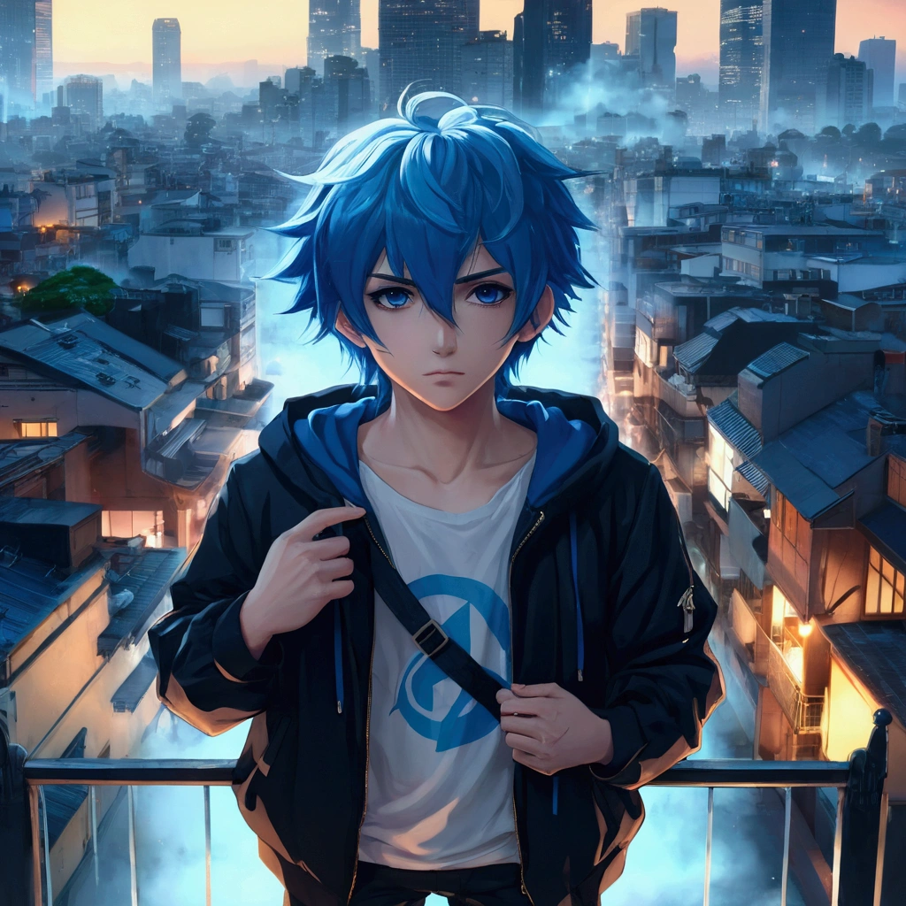 anime boy with blue hair and black jacket standing on balcony overlooking city, anime style 4 k, 4k anime wallpaper, anime art wallpaper 8 k, anime art wallpaper 4k, anime art wallpaper 4 k, anime wallpaper 4k, anime wallpaper 4 k, 4 k manga wallpaper, badass anime 8 k, anime boy, anime style. 8k, ultra hd anime wallpaper