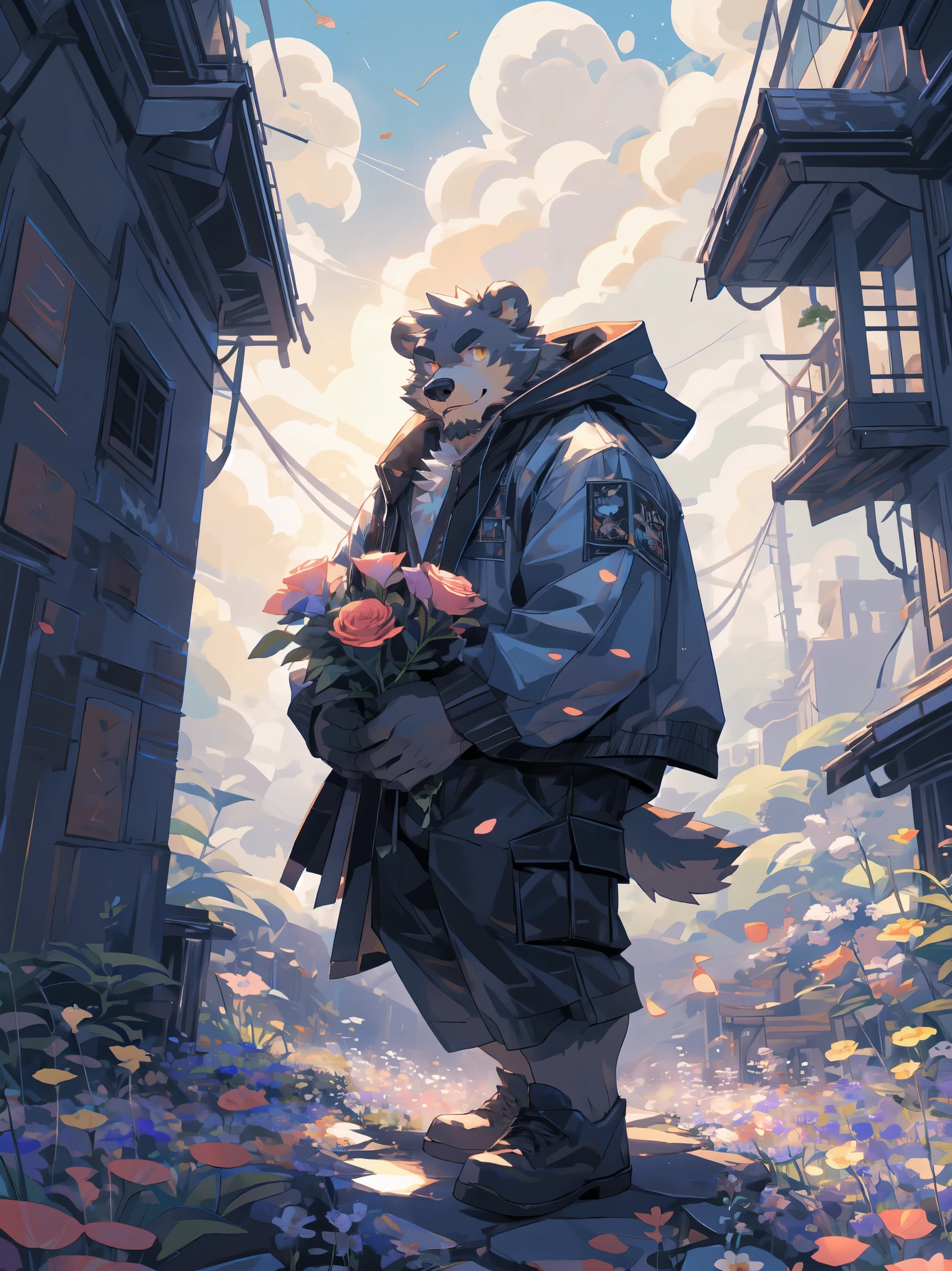 ultra-detailed,extremely detailed and beautiful, sky and white cloud and sunset glow background,ultra-detailed birds, (floating city in bloom, Floating petals, blooming gardens in the sky, many vines on the wall:1.2),Imagination,(masterpiece:1.2), best quality,pixiv,official art,perfect ???????, (Ray tracing, light),solo, (1_male:1.3) , (muscle), (grey fur:1.4), (muscle bear), (beard:1.2), (gleaming golden eyes), bear tail,Thick black eyebrows,(open hoodie :1.3),(naked inside:1.2),cargo shorts, (pure white background: 1.3), looking at viewer,dynamic pose, (holding a bouquet:1.3),(flower:1.3),(leaves:1.3),(portrait:1.3)