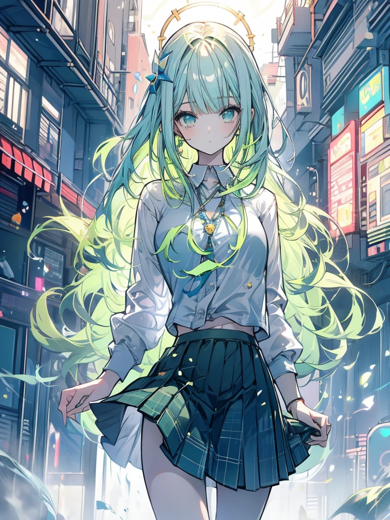 Girl, light, healing, recovery, support, green hair, skirt, white shirt, magic circle