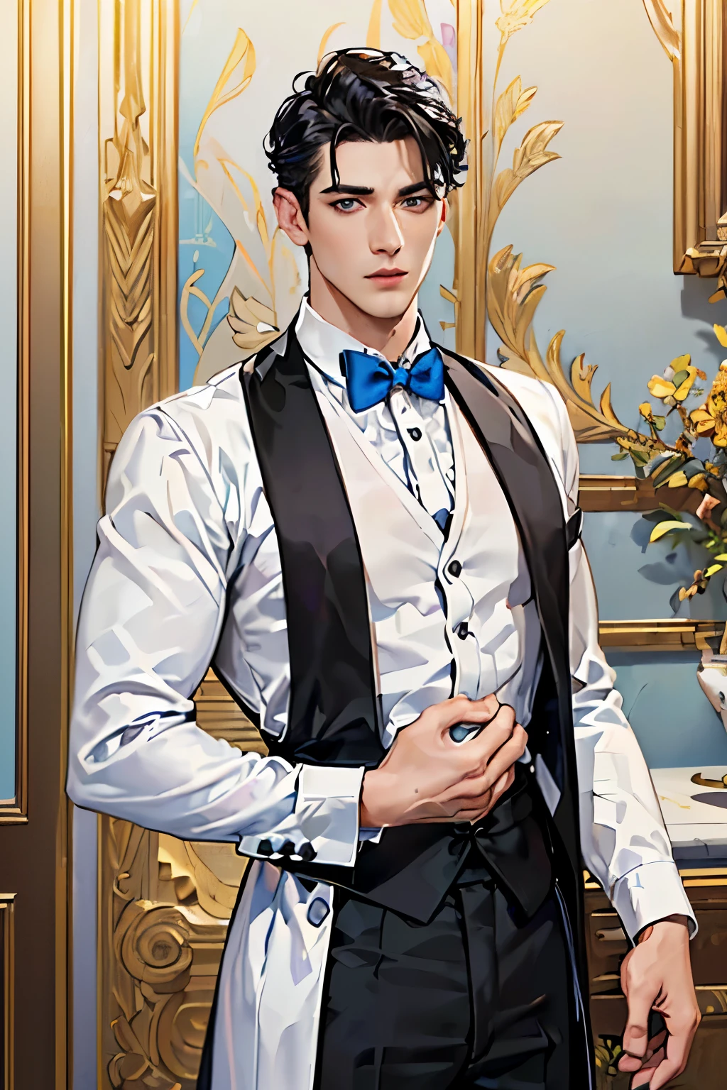 male,1dude, (muscular:1.2),((his handsomeness is undeniable)),((elegant and serious face)),((hyper detailed perfect eyes)),((short and slick black hair)),(((blue_eyes:1.1))),intricate eyes,handsome detailed eyes,symmetrical eyes,(((white skin:1.3,lustrous skin:1.5,bright skin: 1.5,shiny skin)))),(((detailed face))), ((manservant outfit, white shirt, bowtie, black suit, butler fit, handsome butler)) ((silky material)) (cute pose:1.0),(centered,scale to fit dimensions,Rule of thirds), ((beautiful luxurious house kitchen, luxury interior)),scenery:1.25,((intricate scenery)),((luxurious house background)), (Glossy greek ornaments),highres,sharp focus,(ultra detailed,extremely detailed),(photorealistic artwork:1.37),(extremely detailed CG unity 8k wallpaper),(((vibrant colors,vibrant theme))),(intricate),(masterpiece),(best quality),artistic photography,(photography taken by sldr),(intricate background),perfect rendered face,perfect face details,realistic face,photo realistic,((intricate detail)),(((realism))), ((full shot:1.4))