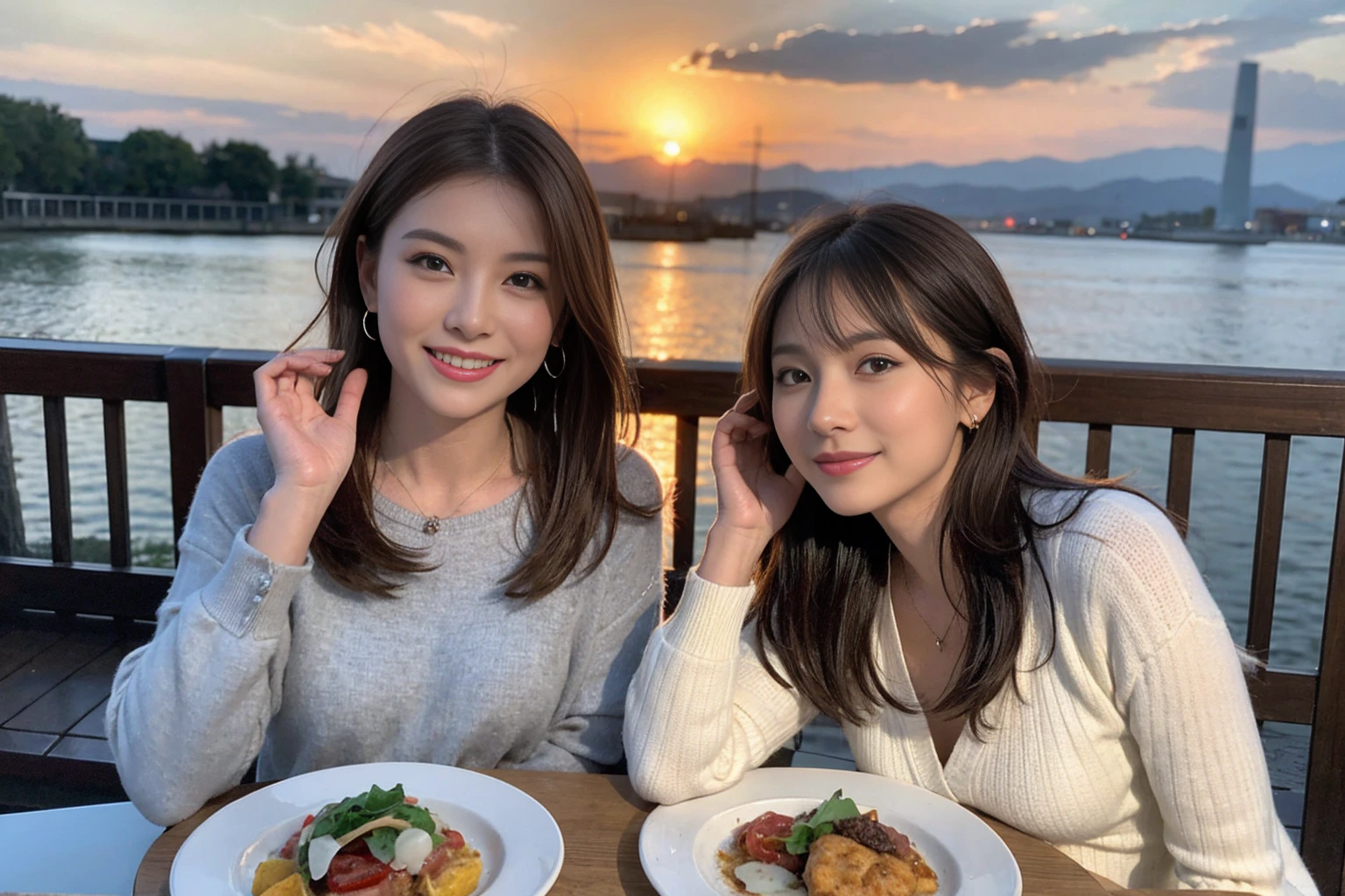 (Realistic:1.1),(masterpiece,Highest quality),8k,(40 years old), 42 years old, slimカップル、Model Couple、actress/actor、Tight waist,Upper Body,full-course dinner、wine 、Amazing view of the sunset sky and clouds、Perfect Anatomy, Brown Hair, short hair,Random Hairstyles,((Highly detailed face and eyes:1.2))(cute顔:1.4),美しいactressの顔,Perfect golden ratio face,Long sleeve shirt、dress,(smile:1.2)、Shortcuts、cute、(Realistic, Intricate details:1.2), A bright smile、short hair,Bright Face、赤wine 、Appetizers、Italian food、wine bottle、Champagne、スパークリングwine、(slimな顔), (The body is slim), (Brown Hair), (Shortcuts), Upper Body, 白wine, slim, wineグラス,