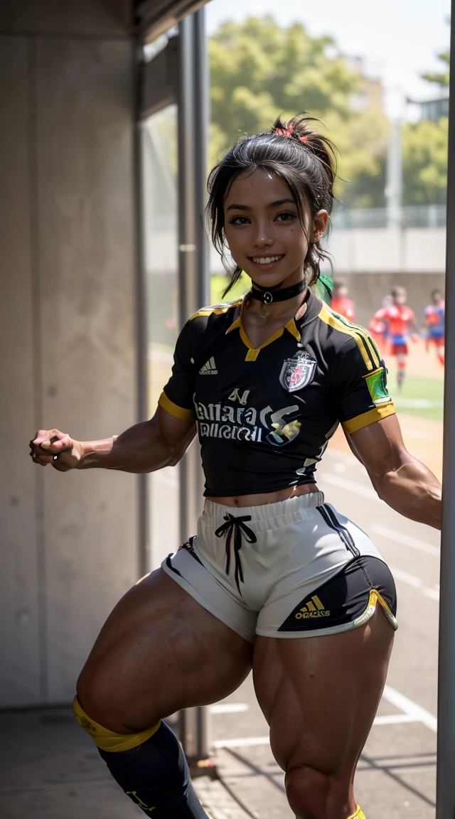 (muscular:2.2), (thick thighs:2.1),
(latina female, tan skin, dark skin, black hair:1.5), (big smile:1.5), (adult),
lipstick, eyeshadow,
(hard nipples), (small breasts:1.5),
(soccer jersey, soccer shorts, choker:1.6),
looking at viewer, (three quarter view:1.3), upper body view,
rim lighting, two tone lighting, dim lighting, bokeh, detailed skin, detailed eyes